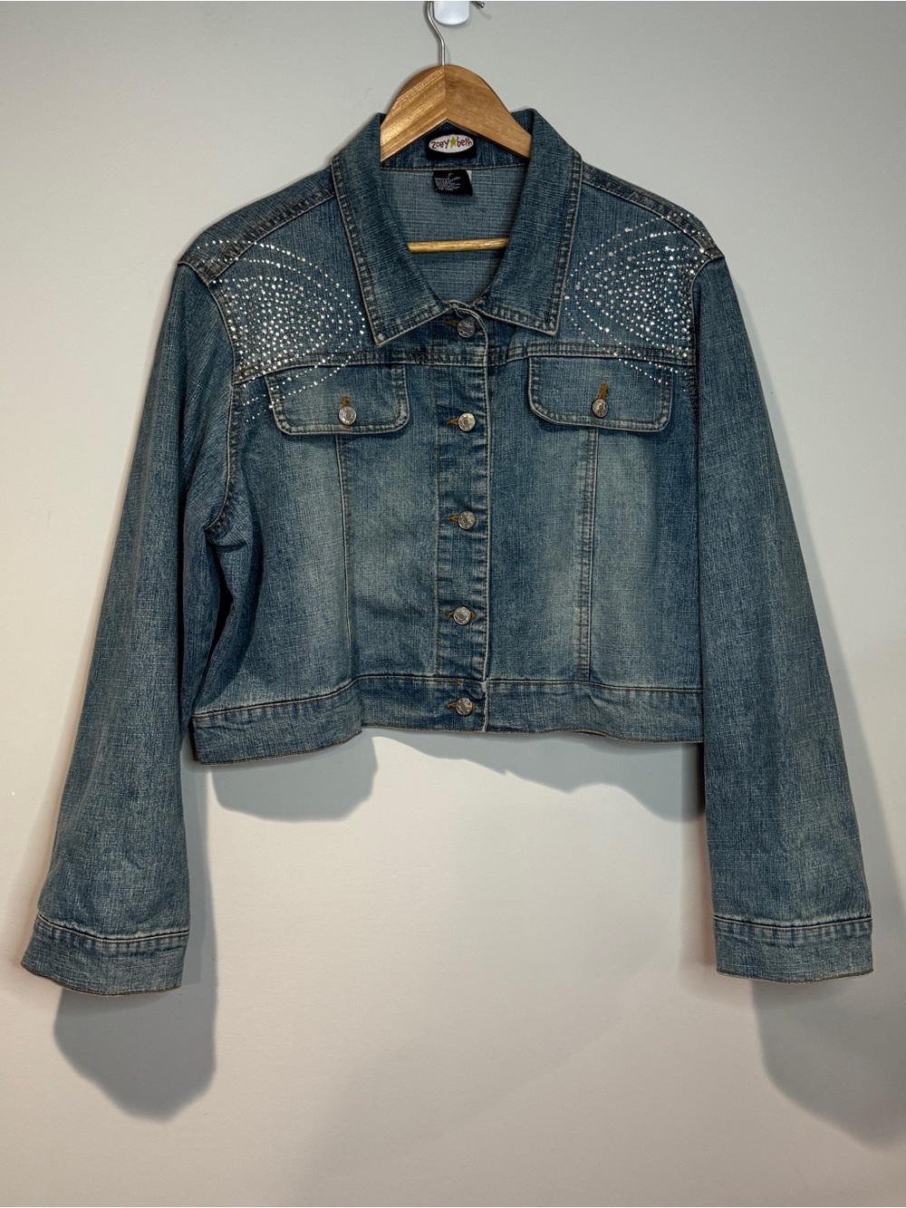 Zoey Beth Womens Rhinestone Denim Cropped Jacket Y2K Western Bling Rodeo Size 2X